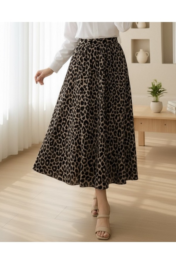 Pleated Soft Balloon Leopard Skirt -Black