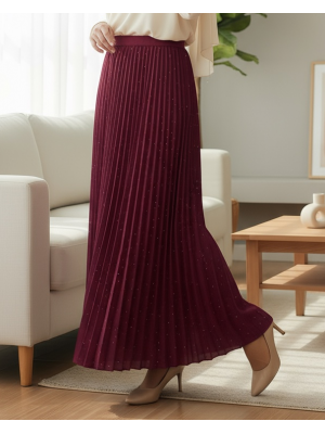 Taşlı Pliseli  Etek -Bordo