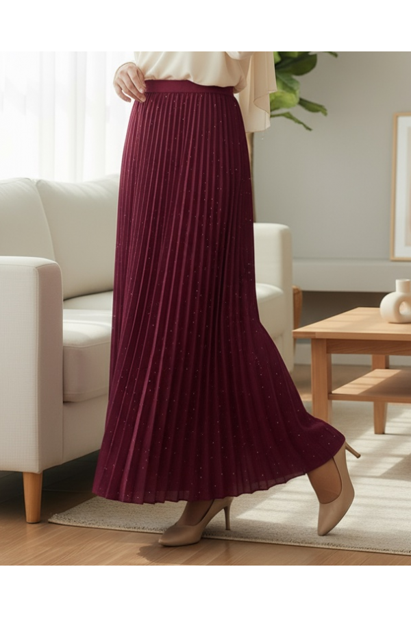 Stoned Pleated Skirt -Maroon