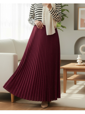 Taşlı Pliseli  Etek -Bordo