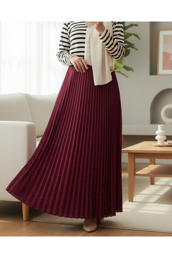 Stoned Pleated Skirt -Maroon