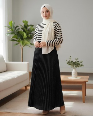 Taşlı Pliseli Etek -Siyah