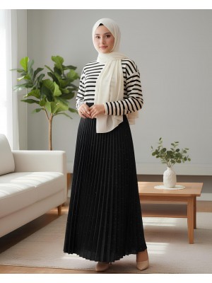 Taşlı Pliseli Etek -Siyah