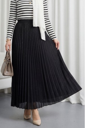 Taşlı Pliseli Etek -Siyah