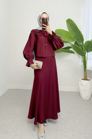 Bebe Yaka Fistolu Kolu Lastikli Bluz-Kloş Etek Takım -Bordo