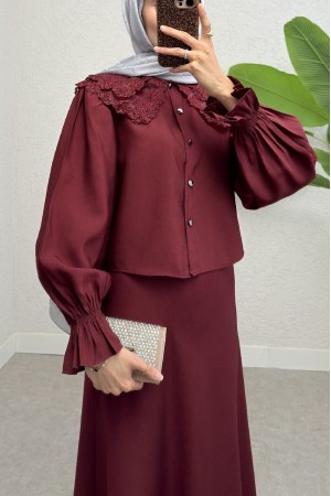 Bebe Yaka Fistolu Kolu Lastikli Bluz-Kloş Etek Takım -Bordo