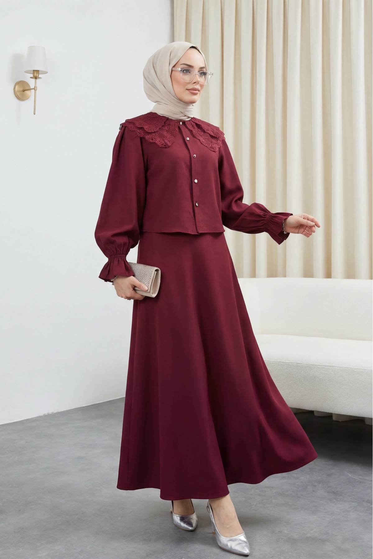 Baby Collar Scalloped Elastic Sleeve Blouse-Flared Skirt Set -Maroon