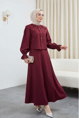 Bebe Yaka Fistolu Kolu Lastikli Bluz-Kloş Etek Takım -Bordo