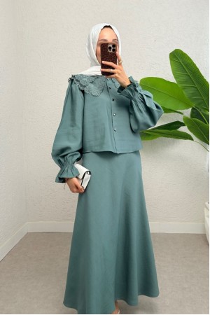 Bebe Yaka Fistolu Kolu Lastikli Bluz-Kloş Etek Takım -Mint