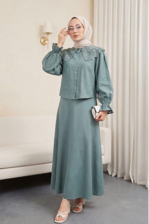 Bebe Yaka Fistolu Kolu Lastikli Bluz-Kloş Etek Takım -Mint