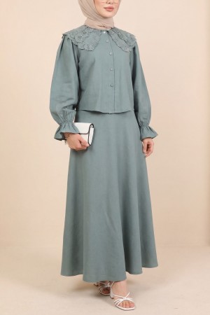 Bebe Yaka Fistolu Kolu Lastikli Bluz-Kloş Etek Takım -Mint