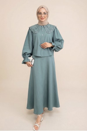 Bebe Yaka Fistolu Kolu Lastikli Bluz-Kloş Etek Takım -Mint