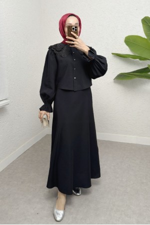 Bebe Yaka Fistolu Kolu Lastikli Bluz-Kloş Etek Takım -Siyah