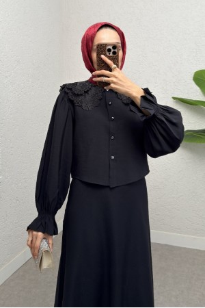Bebe Yaka Fistolu Kolu Lastikli Bluz-Kloş Etek Takım -Siyah