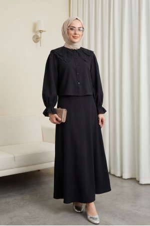 Bebe Yaka Fistolu Kolu Lastikli Bluz-Kloş Etek Takım -Siyah