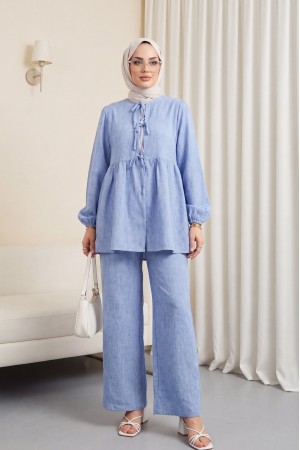 Önü Bağlamalı Parçalı Kolu Lastikli Takım  -Mavi