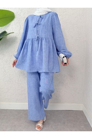 Önü Bağlamalı Parçalı Kolu Lastikli Takım  -Mavi