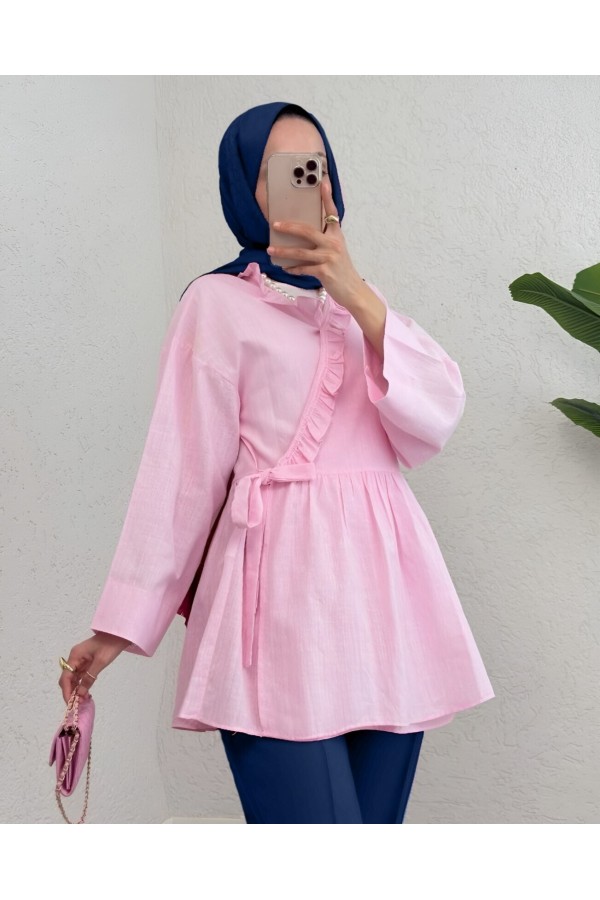 Linen Kimono with Side Tie and Ruffle Collar  -Pink