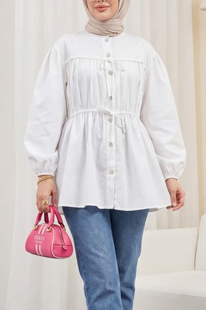 Button-Down Shirt Tunic with Front Lace Detail -Ecru