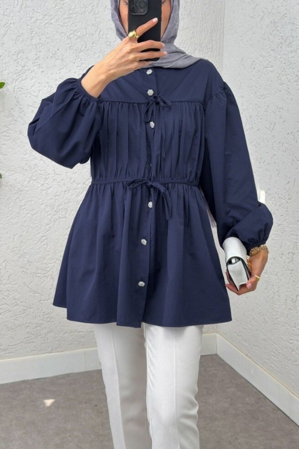 Button-Down Shirt Tunic with Front Lace Detail -Navy blue