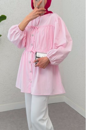Button-Down Shirt Tunic with Front Lace Detail -Powder