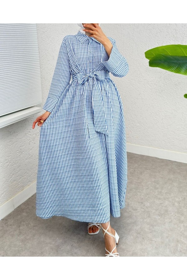 Half Buttoned Waist Tied Striped Dress -Blue