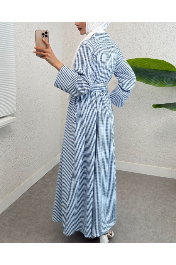 Half Buttoned Waist Tied Striped Dress -Blue
