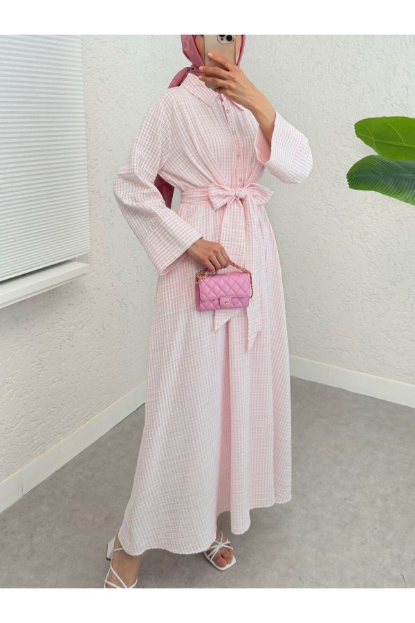 Half Buttoned Waist Tied Striped Dress -Powder