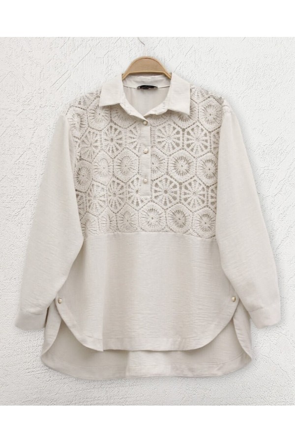 Lace Embroidered Skirt Button Detailed Shirt  -Stone