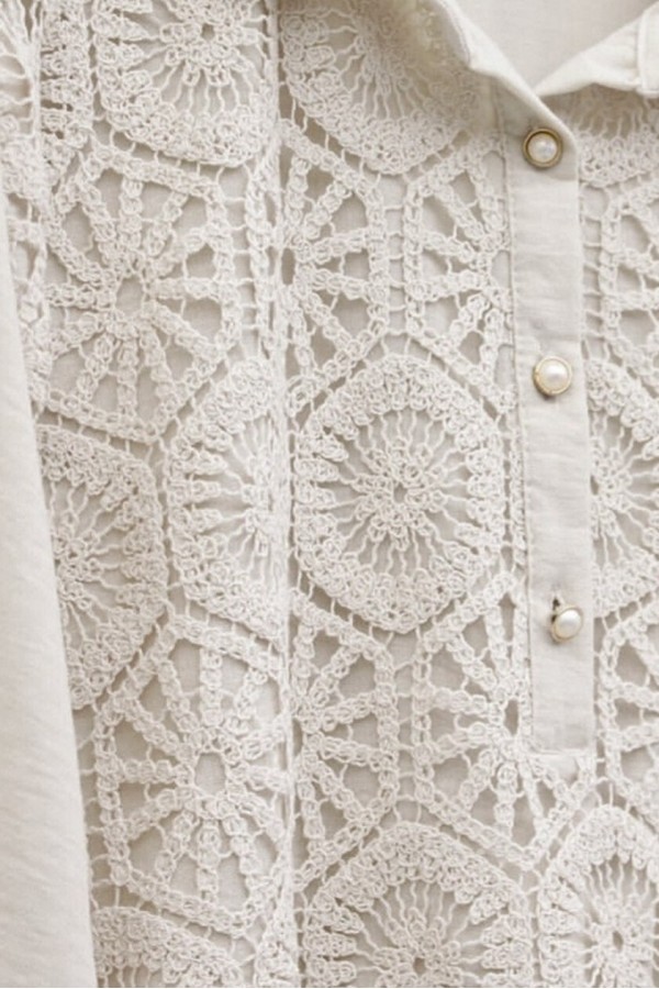 Lace Embroidered Skirt Button Detailed Shirt  -Stone