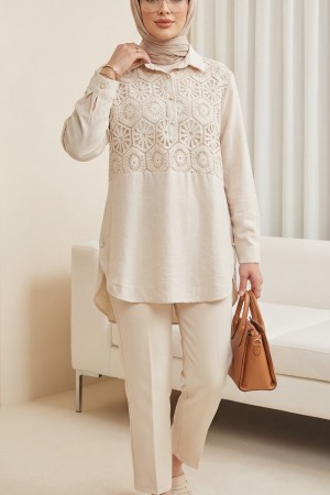 Dantel İşlemeli Eteği Düğme Detaylı Gömlek  -Taş