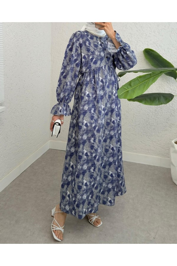 Half Buttoned Waist Tied Patterned Dress -İndigo