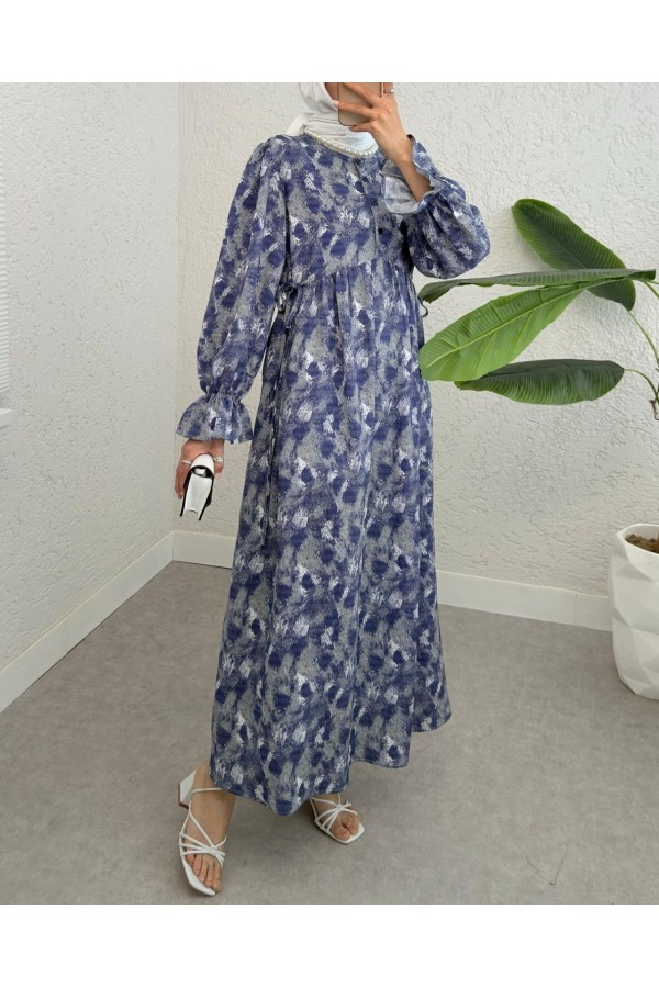 Half Buttoned Waist Tied Patterned Dress -İndigo