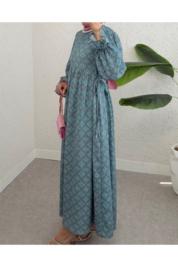 Half Buttoned Waist Tied Patterned Dress -Mint Color