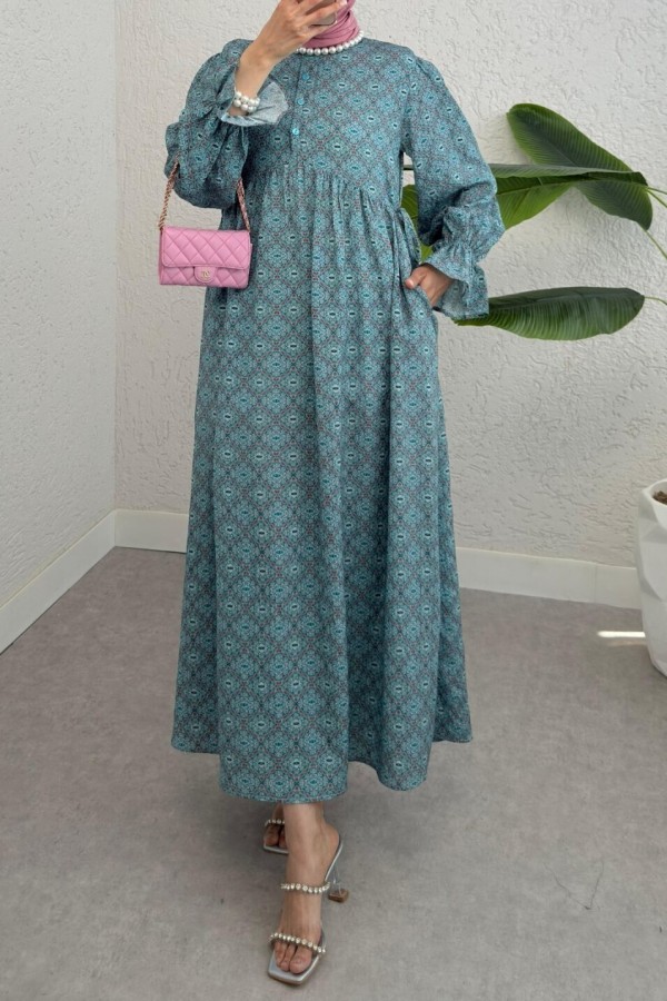 Half Buttoned Waist Tied Patterned Dress -Mint Color