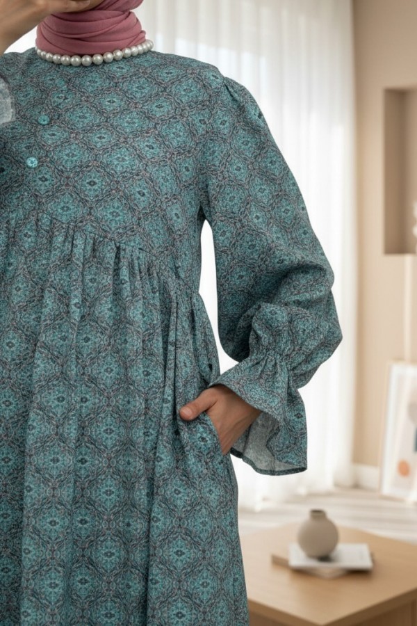 Half Buttoned Waist Tied Patterned Dress -Mint Color