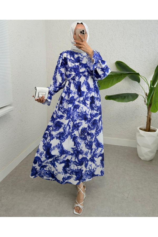 Half Buttoned Waist Tied Patterned Dress -Saxe 