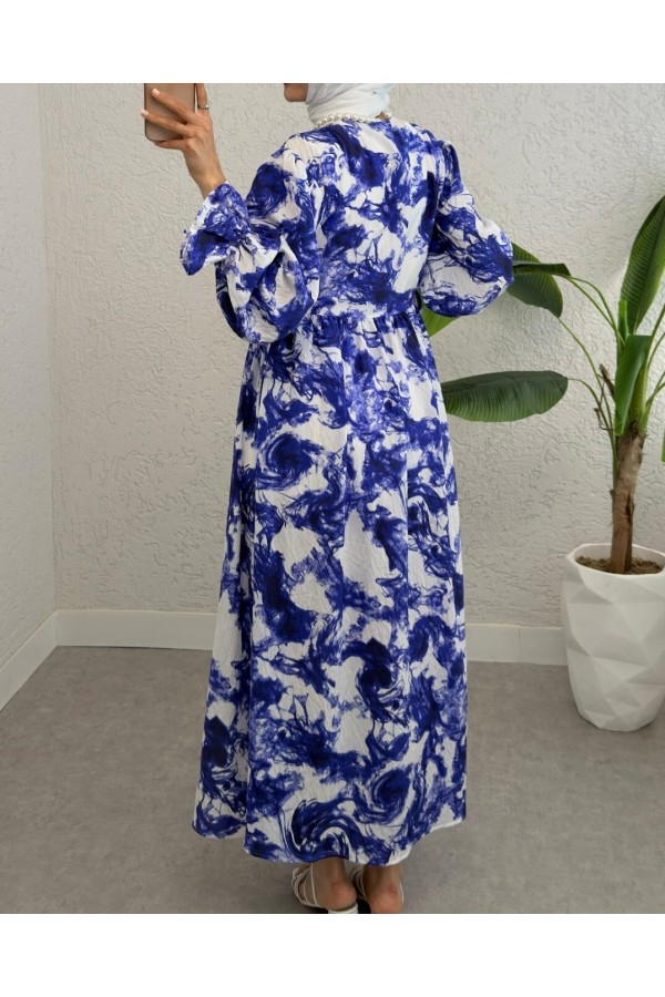Half Buttoned Waist Tied Patterned Dress -Saxe 