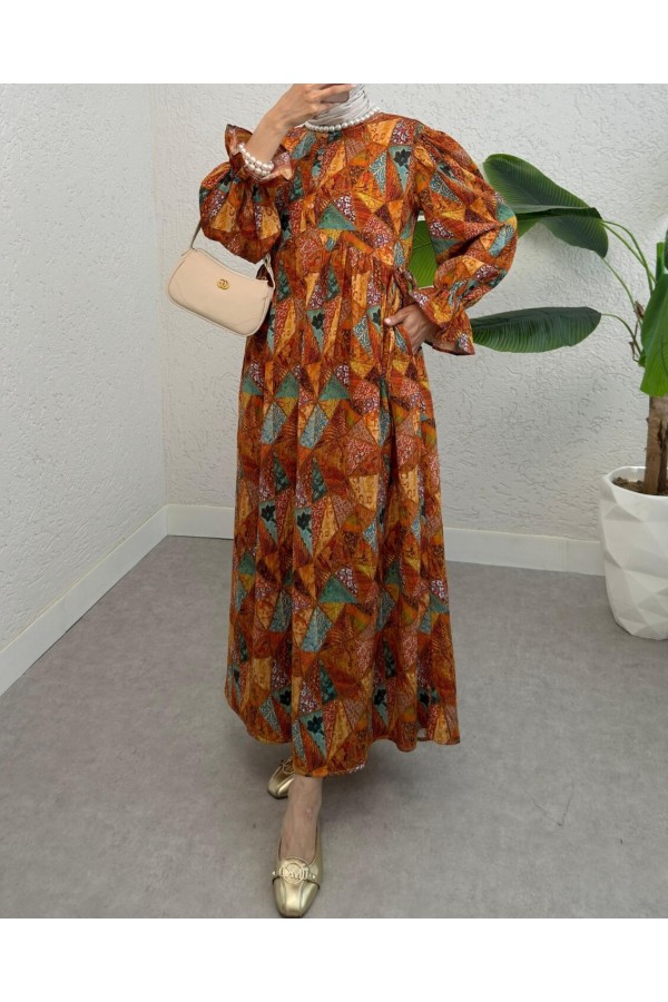 Half Buttoned Waist Tied Patterned Dress -Orange