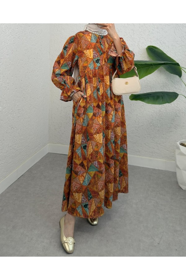 Half Buttoned Waist Tied Patterned Dress -Orange