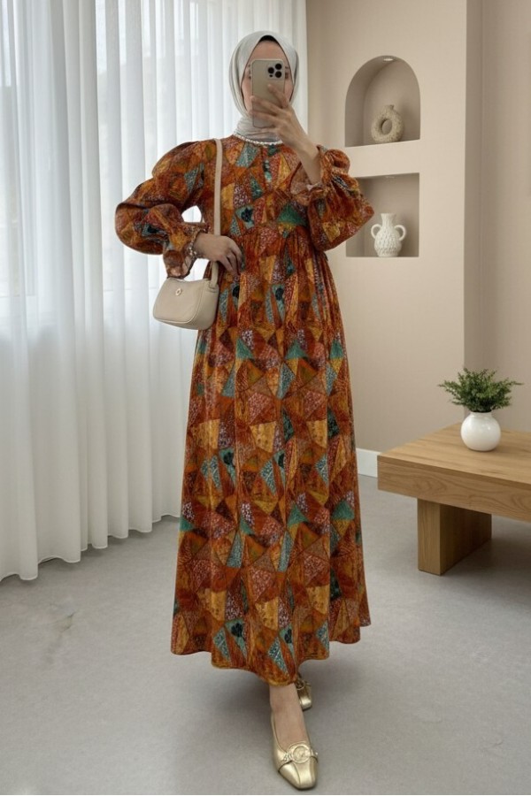 Half Buttoned Waist Tied Patterned Dress -Orange