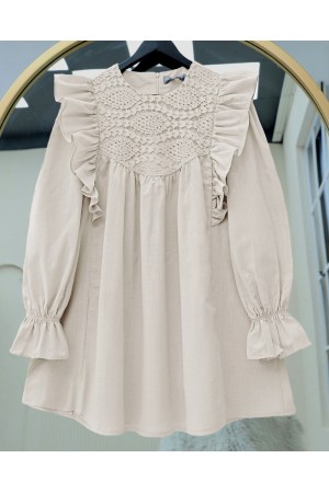 Omuz Fırfırlı Robası Dantel İşlemeli Keten Tunik    -Taş