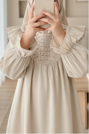 Omuz Fırfırlı Robası Dantel İşlemeli Keten Tunik    -Taş