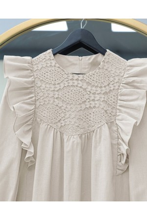 Omuz Fırfırlı Robası Dantel İşlemeli Keten Tunik    -Taş