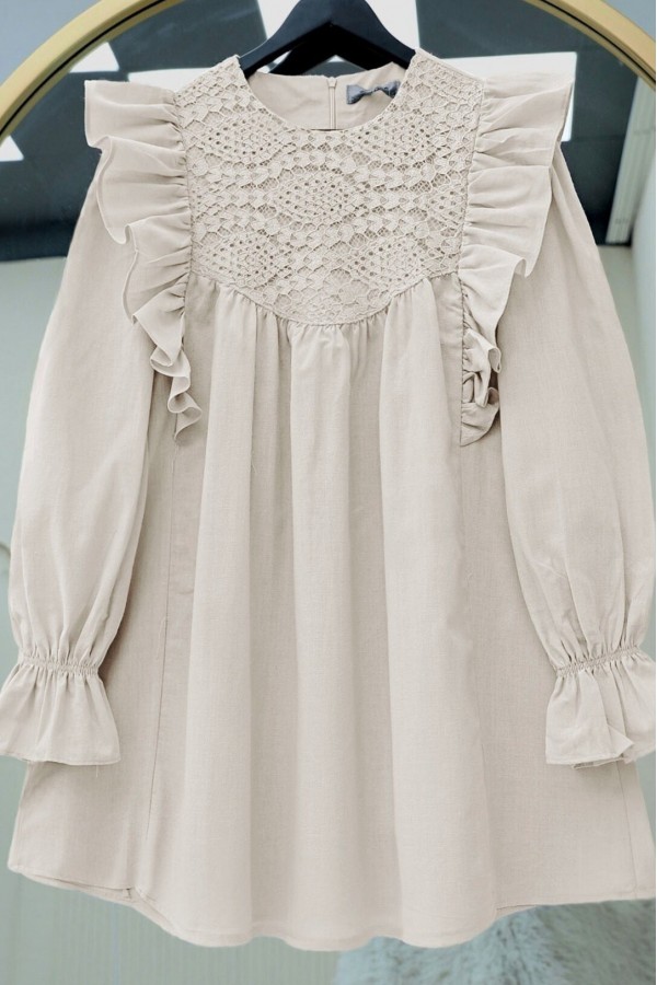 Linen Tunic with Ruffled Shoulders and Lace Embellishment    -Stone