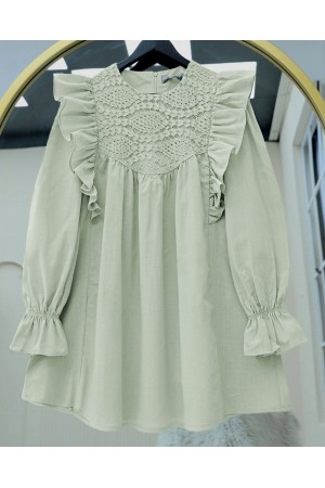 Omuz Fırfırlı Robası Dantel İşlemeli Keten Tunik     -Su Yeşili