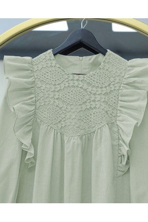 Omuz Fırfırlı Robası Dantel İşlemeli Keten Tunik     -Su Yeşili