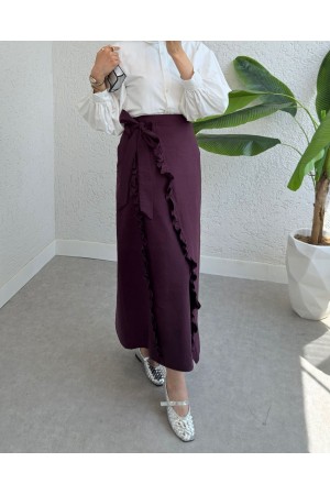 تنورة مزدوجة الطبقات مع كشكشة وفتحة خصر مربوطة -لون الخوخ