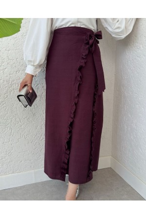 تنورة مزدوجة الطبقات مع كشكشة وفتحة خصر مربوطة -لون الخوخ