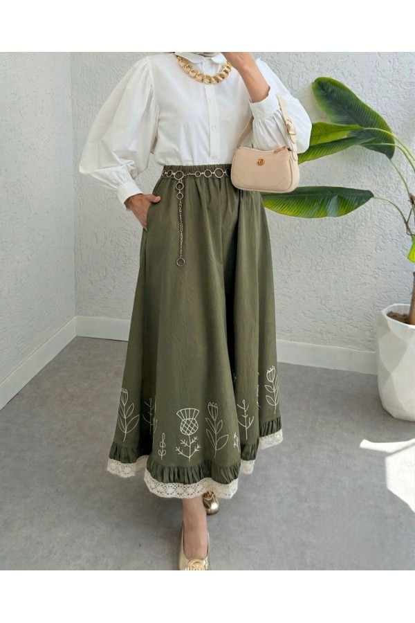 Lace Embroidered Elastic Waist Skirt -Cagla Green